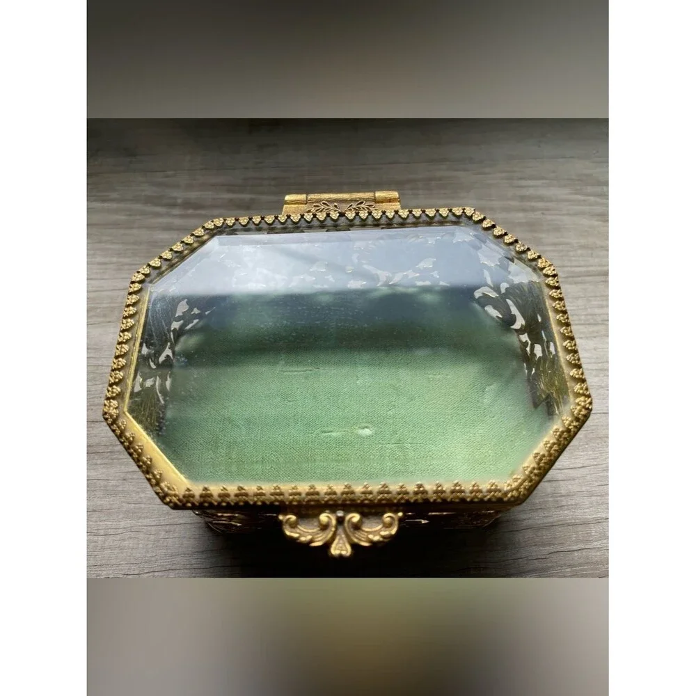 French 1920s filigree  brass & glass casket Ormolu gilt jewelry box EXCELLENT!